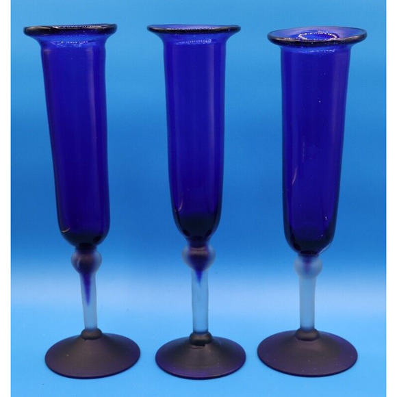 Set Of 3 Cobalt Blue Fluted Glass with Flat Rim Frosted Stem Art Decor. - Picture 2 of 11
